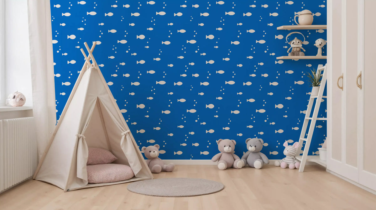 White fish on blue wallpaper in a play tent nursery GD12268