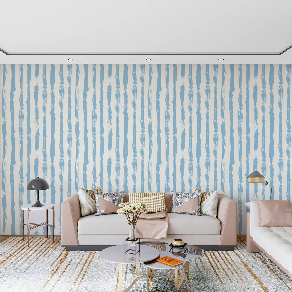 Light blue striped wallpaper in a bright living room with pink sofa GD12270