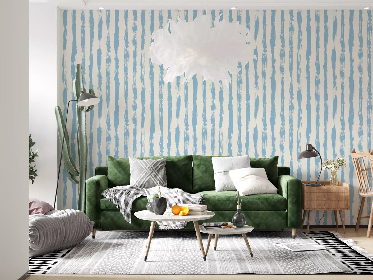 Light blue brushstroke striped wallpaper in a living room with green sofa GD12270