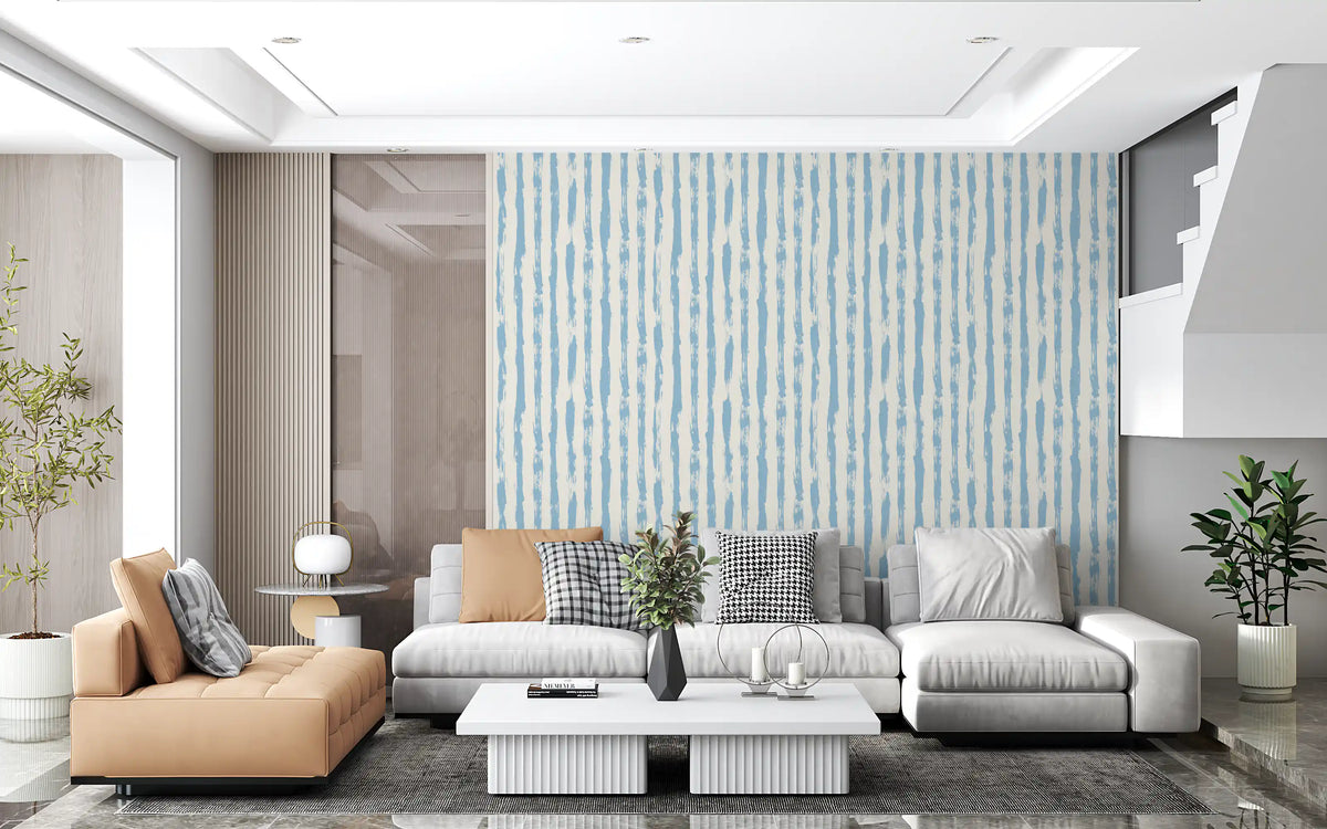 Azure brushstroke striped wallpaper in a modern living room GD12270