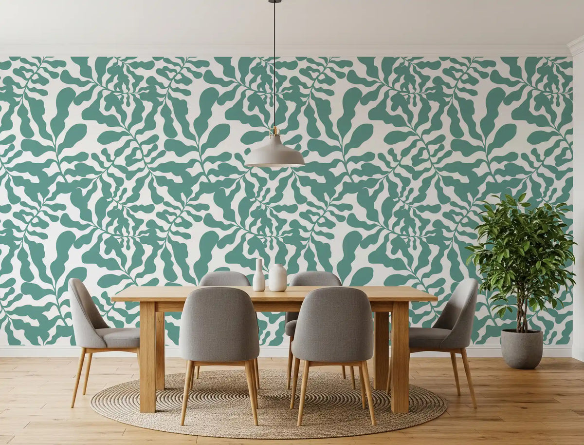 Sage green leaf trail wallpaper in a dining room GD12272