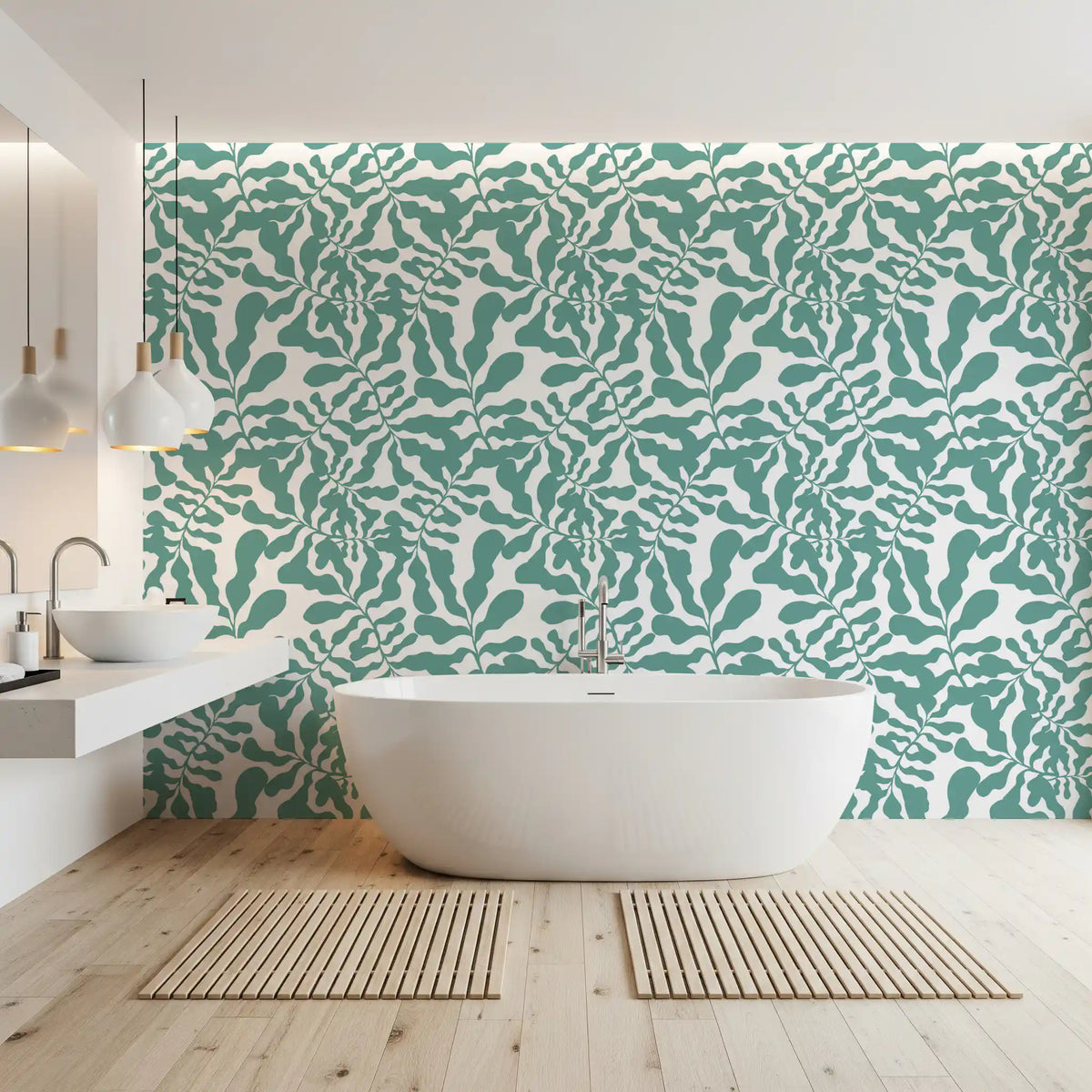 Sage green botanical wallpaper in a bright bathroom GD12272