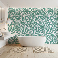 Sage green botanical wallpaper in a bright bathroom GD12272