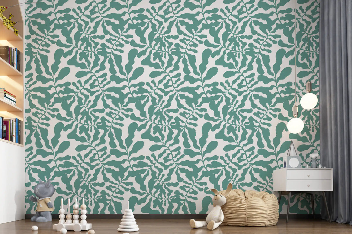 Sage green botanical wallpaper in a child nursery room GD12272