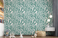 Sage green botanical wallpaper in a child nursery room GD12272