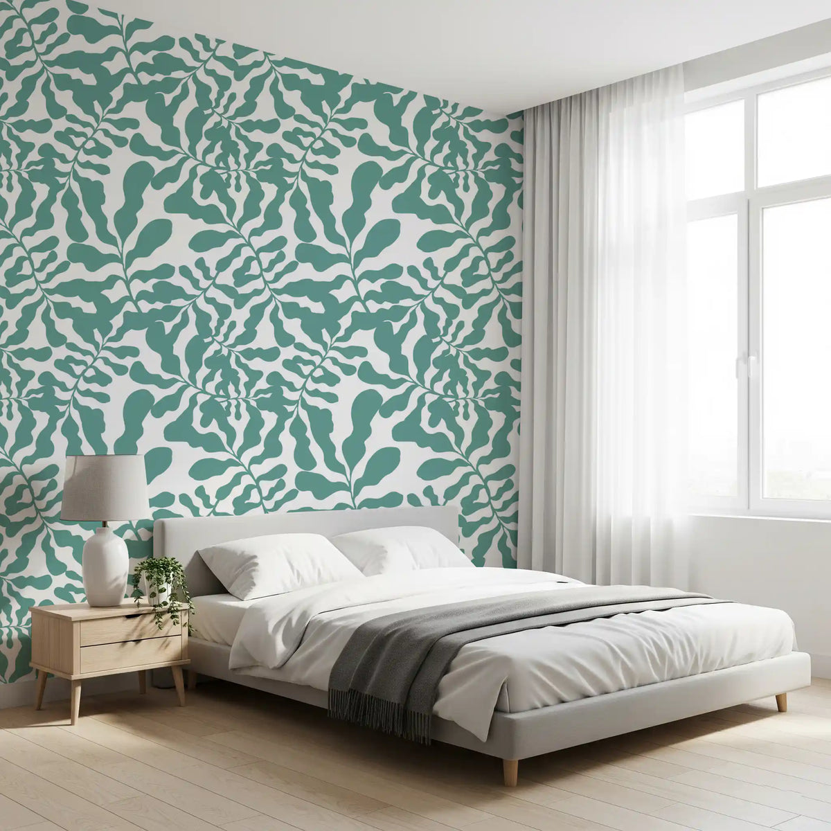 Sage green leaf trail wallpaper in a calm bedroom GD12272