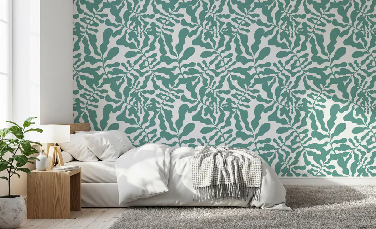 Sage green botanical wallpaper in a soft bedroom GD12272