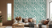 Sage green leaf wallpaper in a wood-panelled living room GD12272