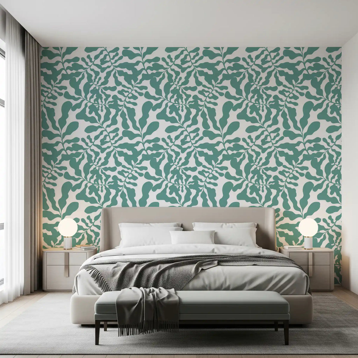Sage green leaf trail wallpaper in a modern bedroom GD12272