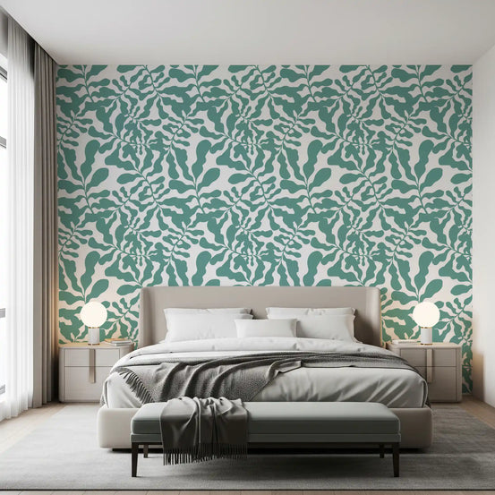 Sage green leaf trail wallpaper in a modern bedroom GD12272