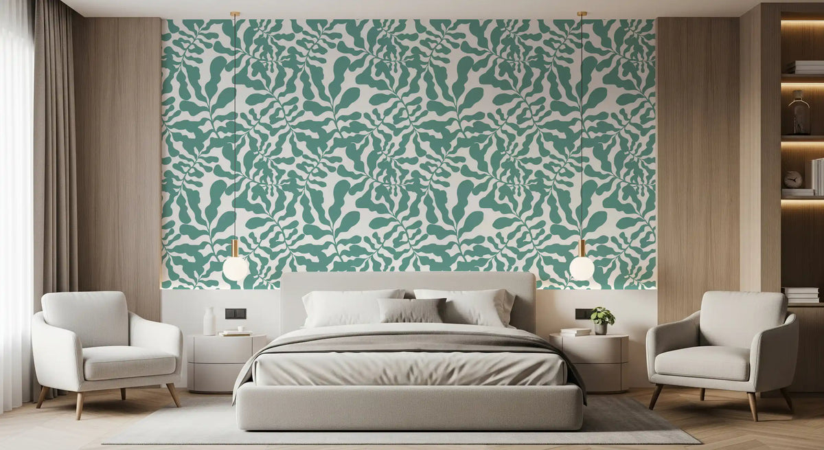 Sage green botanical leaf wallpaper in a styled interior GD12272
