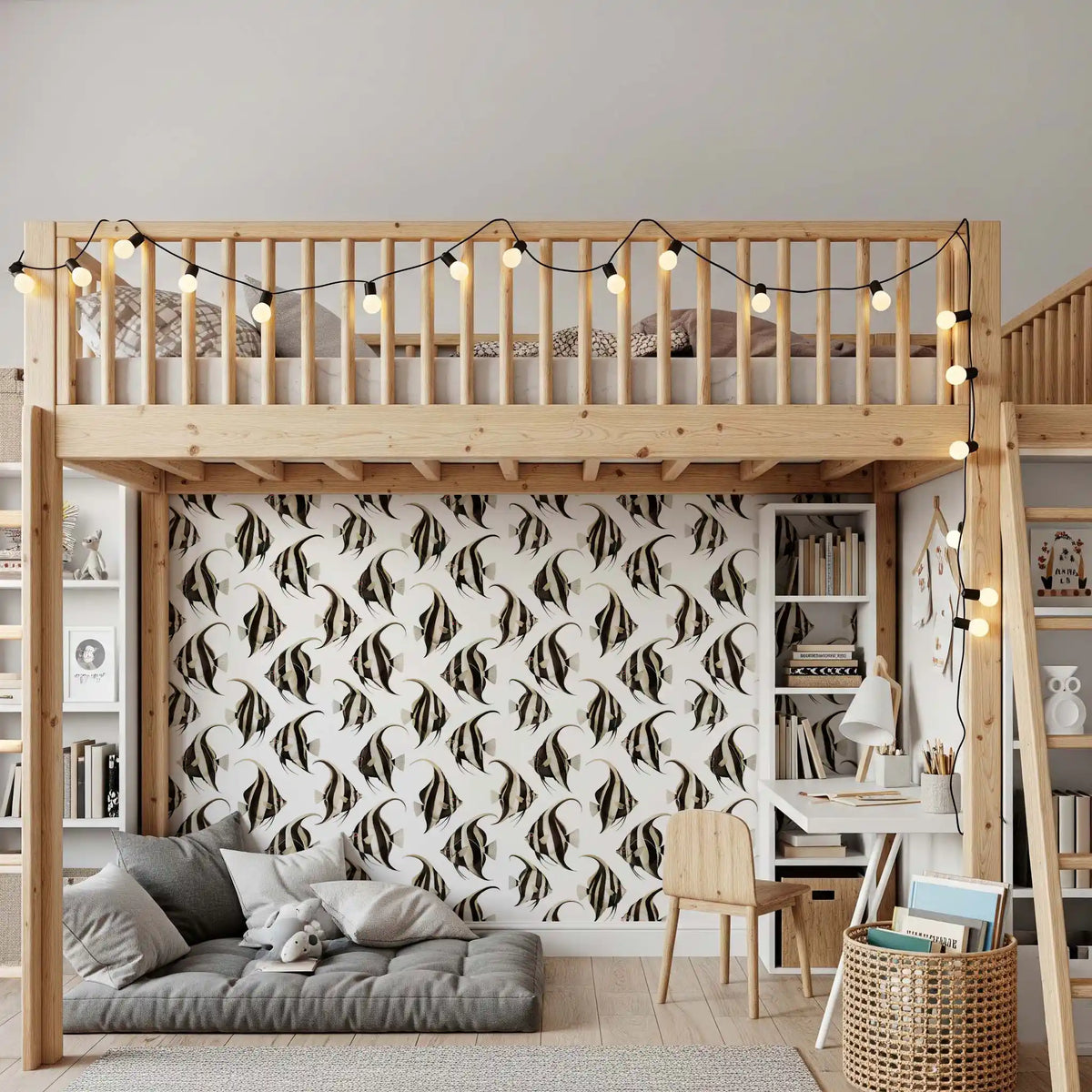 Monochrome fish wallpaper in a bunk bed kids room GD12274