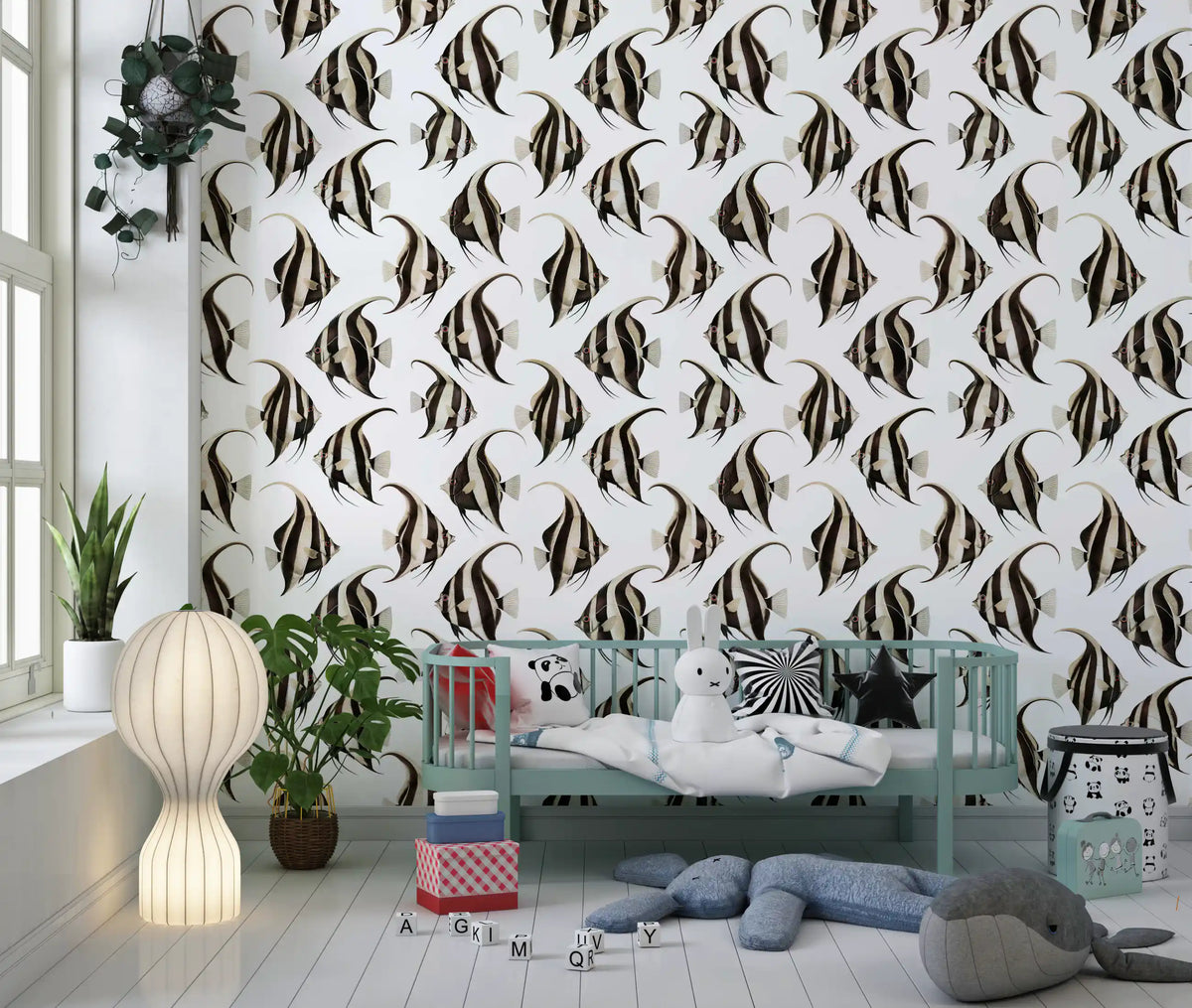 Black and white fish wallpaper in a playful nursery GD12274