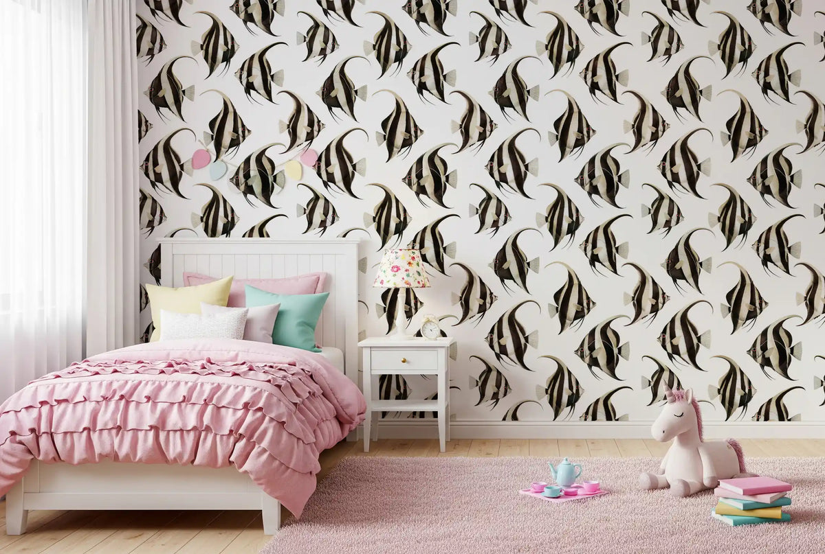 Black and white angelfish wallpaper in a styled room GD12274