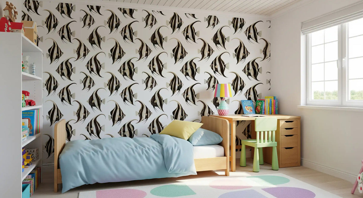 Monochrome fish wallpaper in a child bedroom GD12274