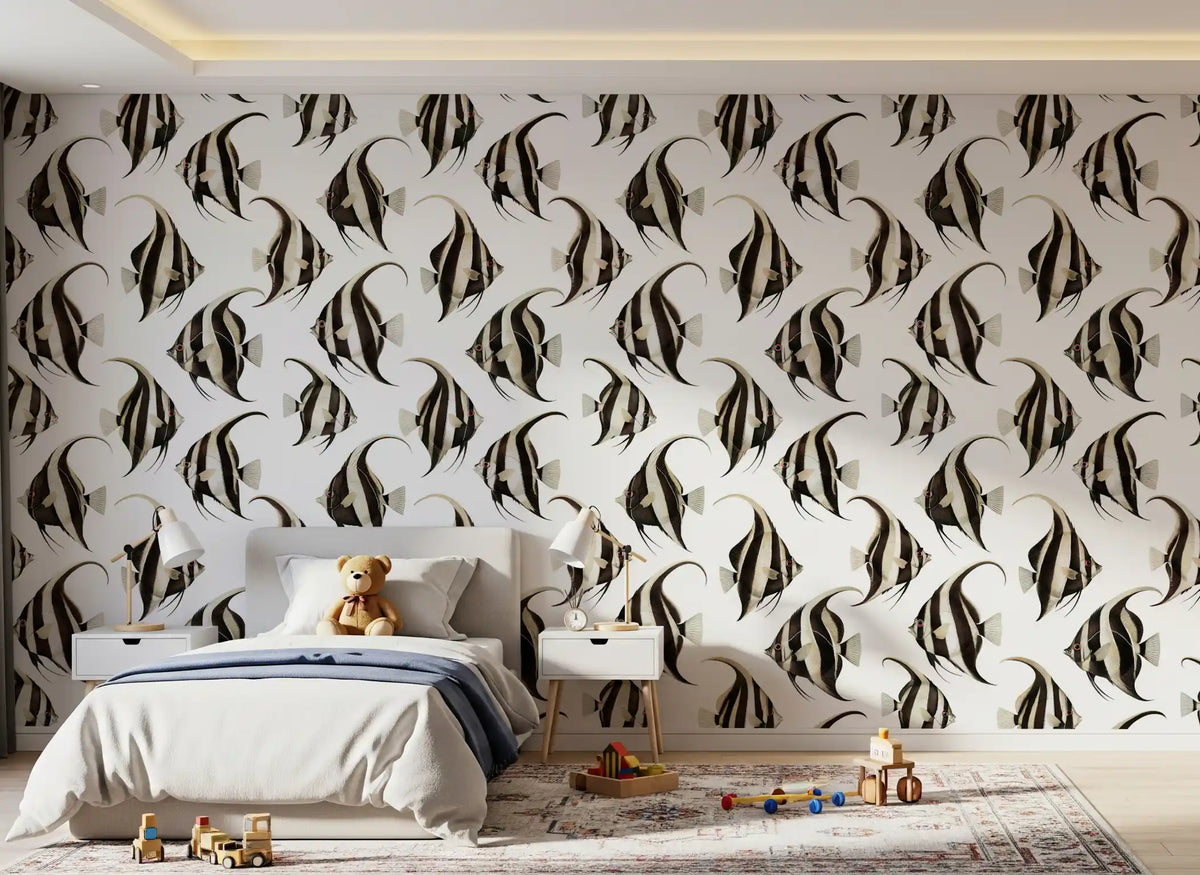 Black and white fish wallpaper in a kids bedroom GD12274