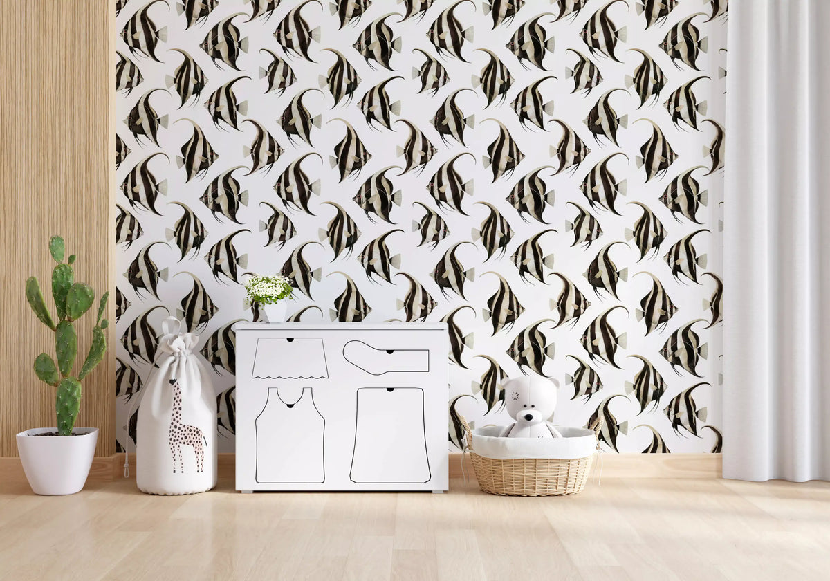 Black and white fish wallpaper in a bright nursery GD12274