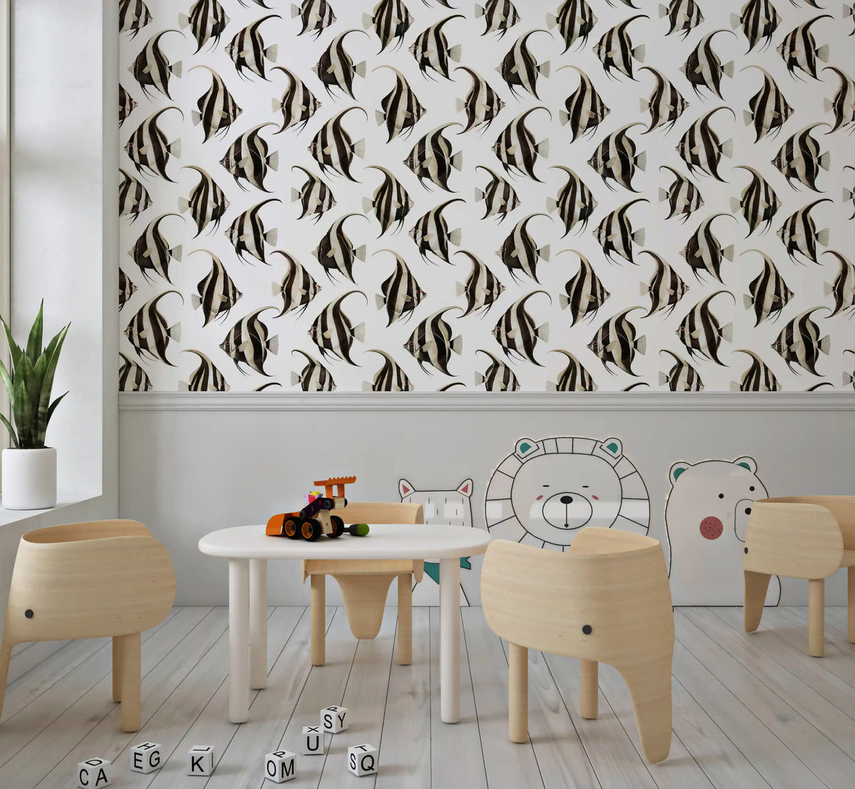 Monochrome angelfish wallpaper in a kids play area GD12274
