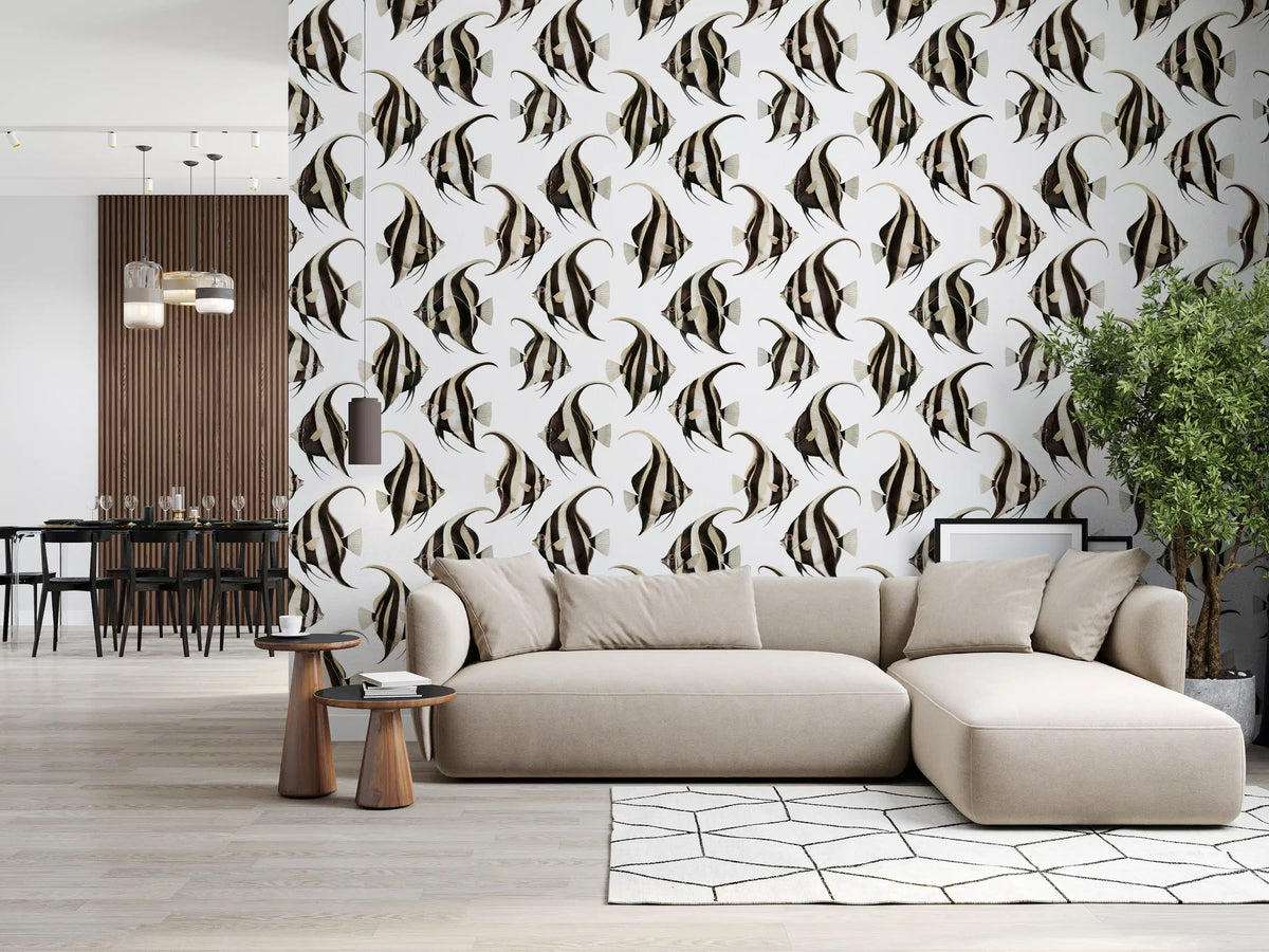 Monochrome angelfish wallpaper in a modern living room GD12274