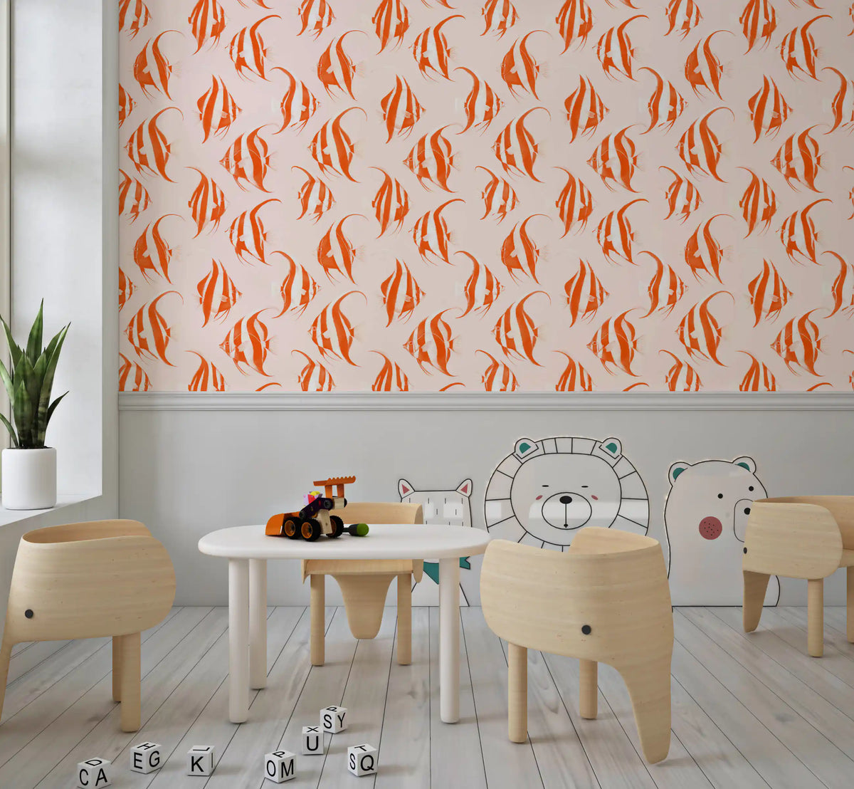Orange fish wallpaper in a kids play area GD12275
