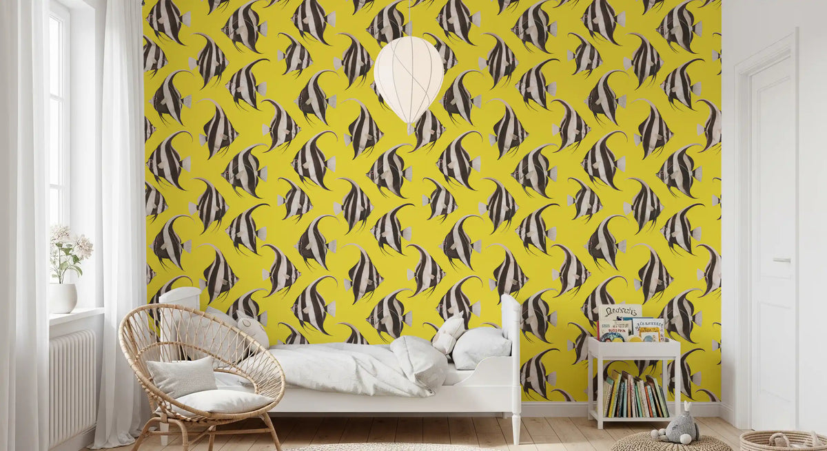 Yellow fish wallpaper behind a bed GD12276