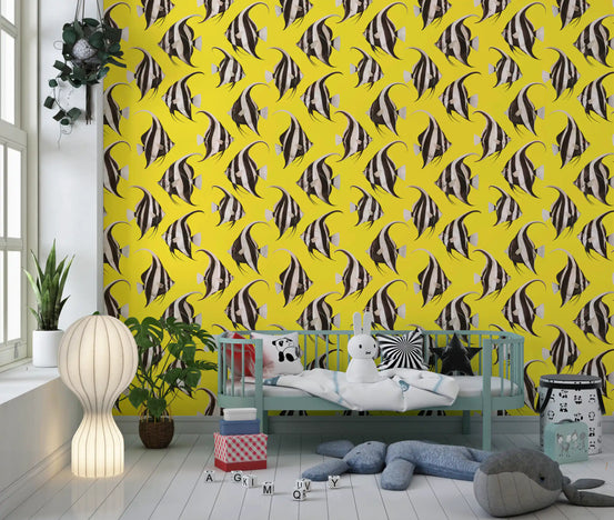 Yellow fish wallpaper in a playful kids bedroom GD12276