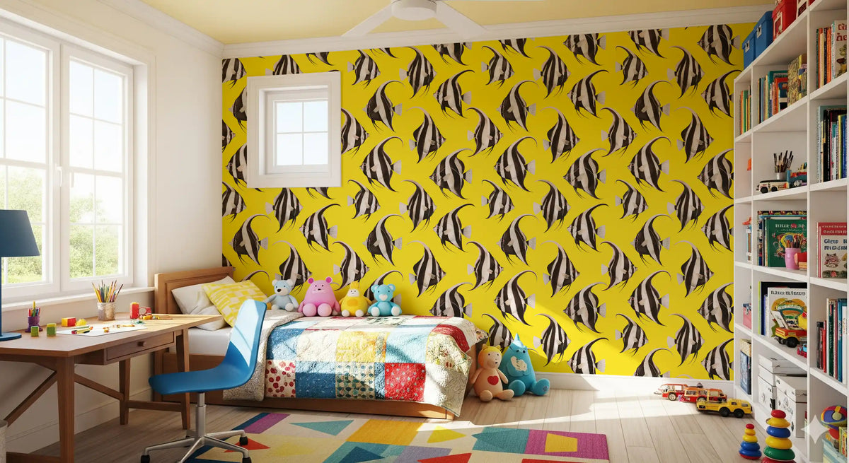 Yellow fish wallpaper in a bright kids play room GD12276