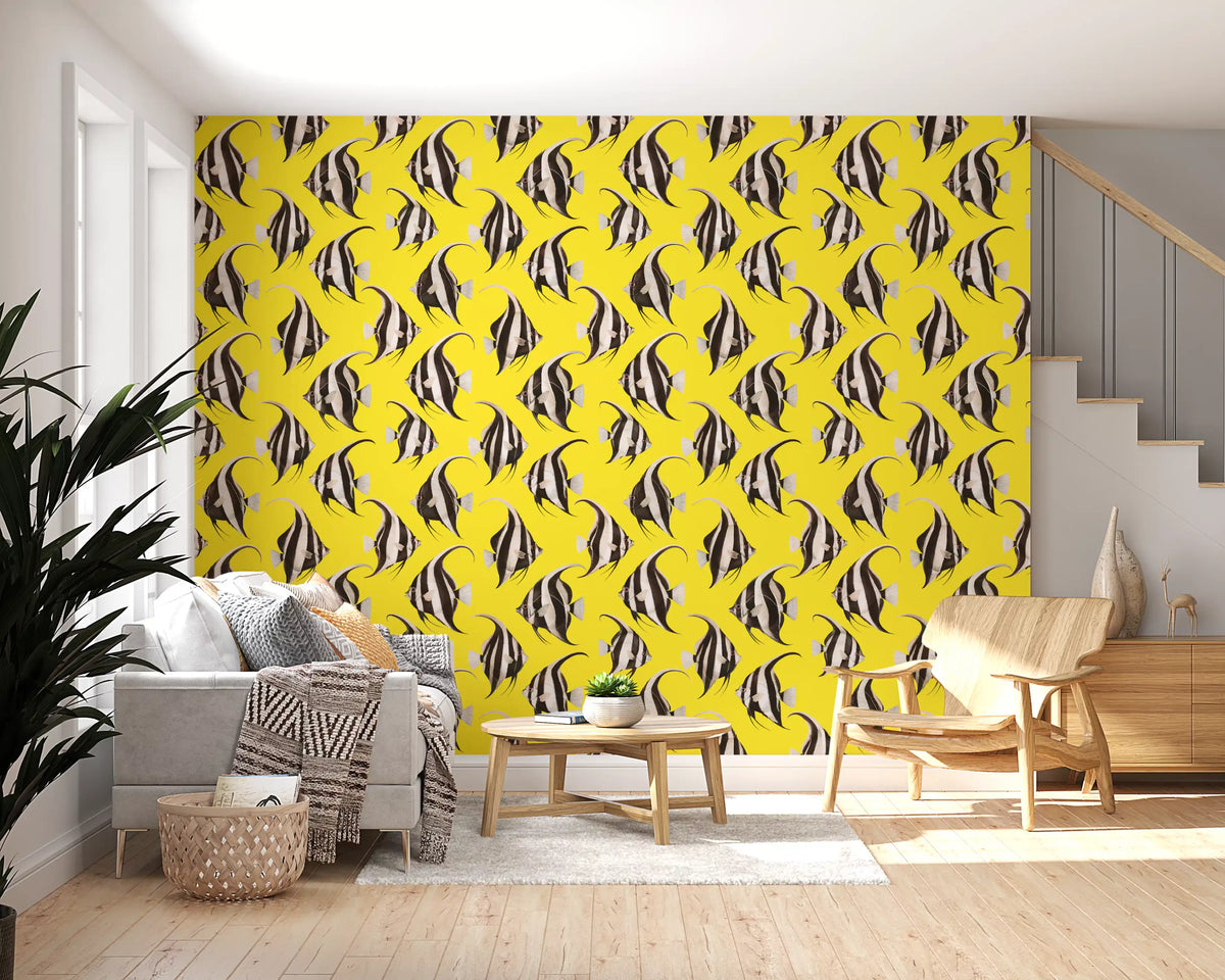 Yellow fish wallpaper in a cosy living room GD12276