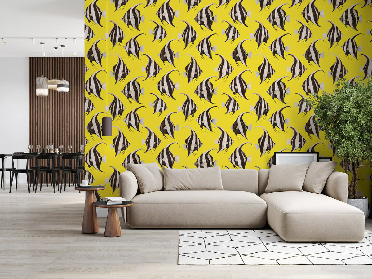 Yellow fish wallpaper in a modern living room GD12276