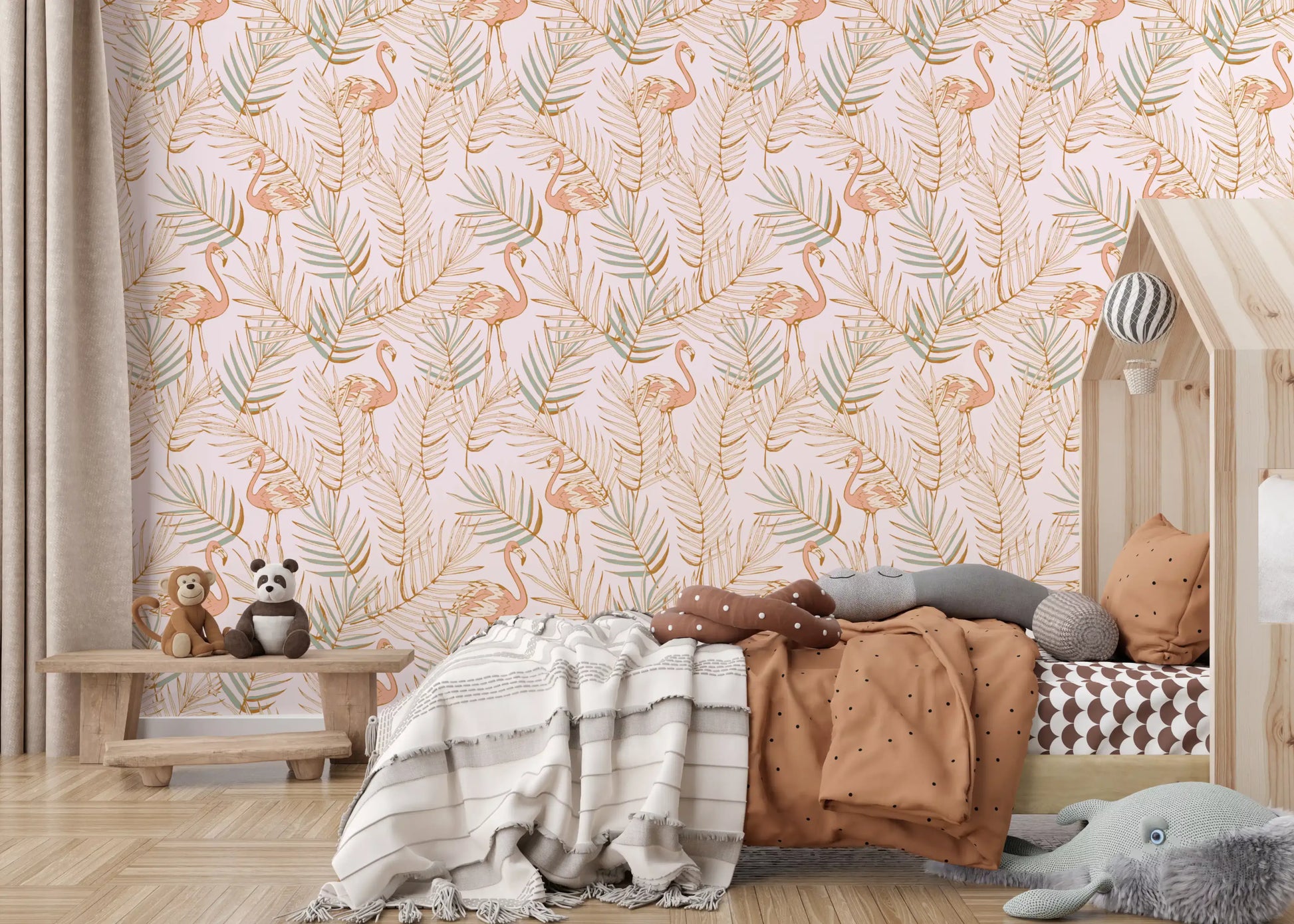 Pink Flamingo Tropical Palm Retreat Wallpaper⁠