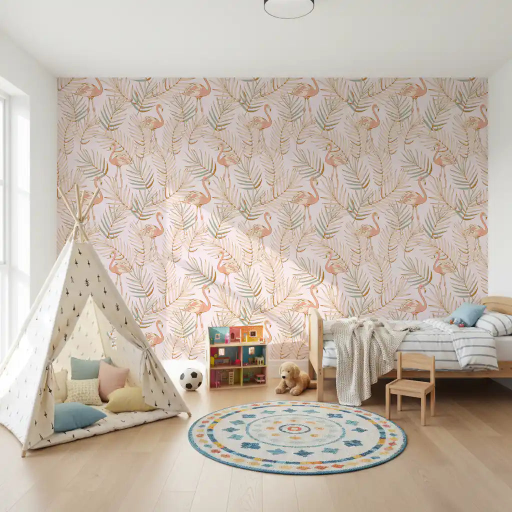 Pink Flamingo Tropical Palm Retreat Wallpaper⁠