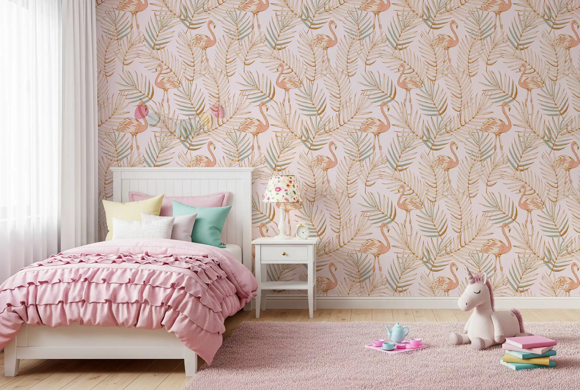 Pink Flamingo Tropical Palm Retreat Wallpaper⁠