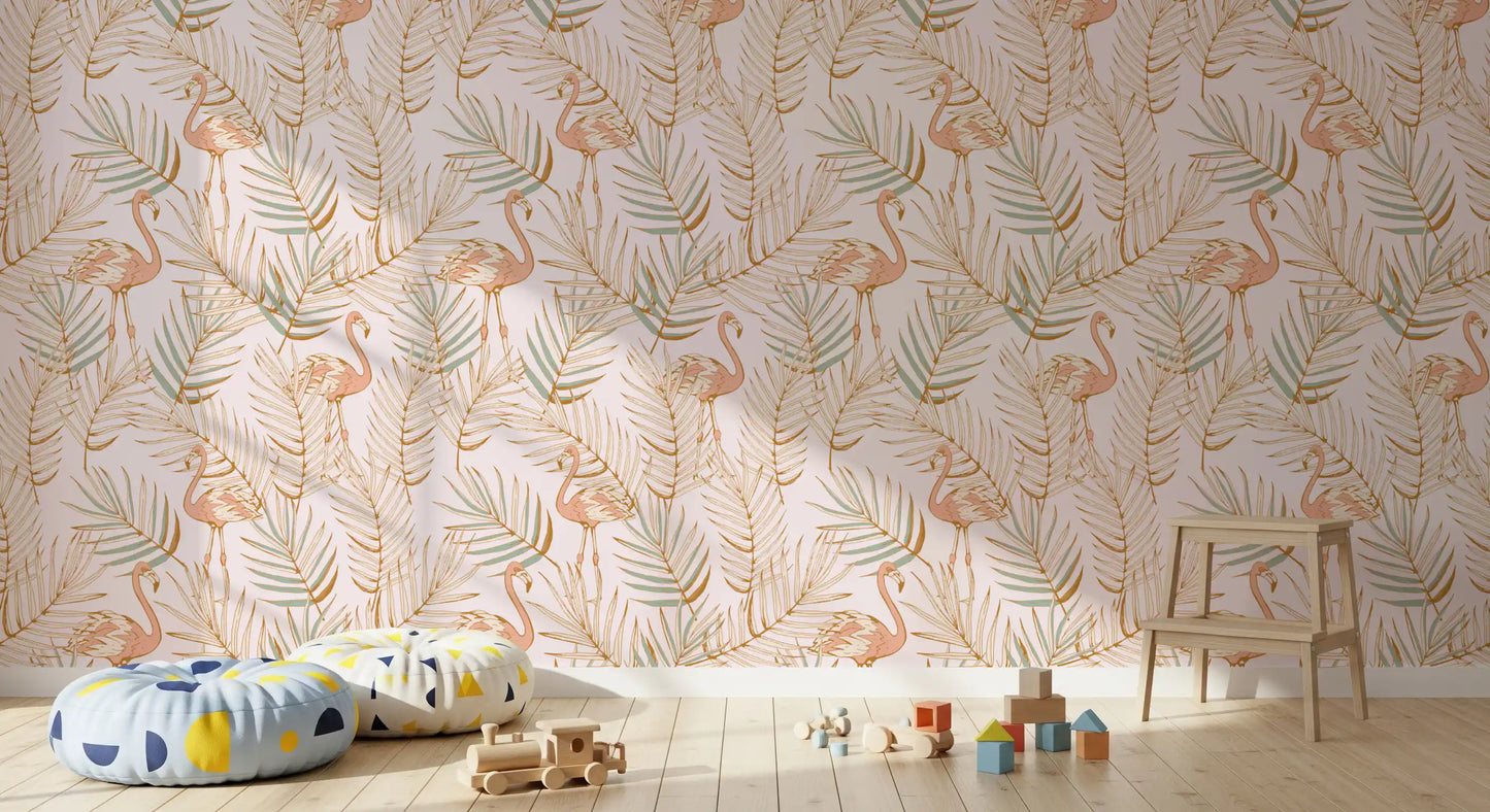Pink Flamingo Tropical Palm Retreat Wallpaper⁠