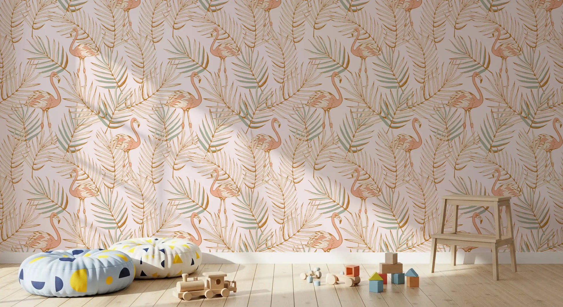 Pink Flamingo Tropical Palm Retreat Wallpaper⁠