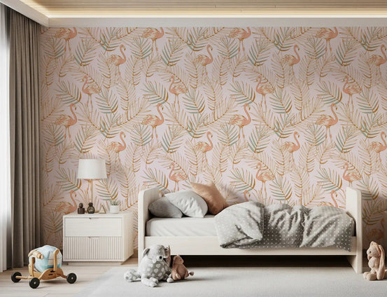 Pink flamingo tropical wallpaper in a child bedroom GD12277