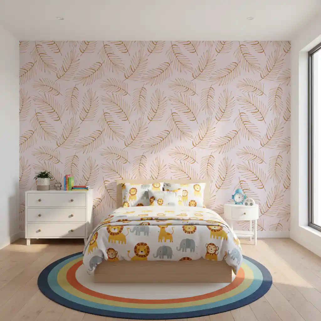 Golden palm leaf wallpaper in a child bedroom with animal bedding GD12278