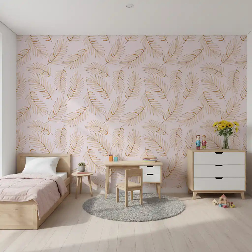 Golden palm leaf wallpaper in a playful kids room GD12278