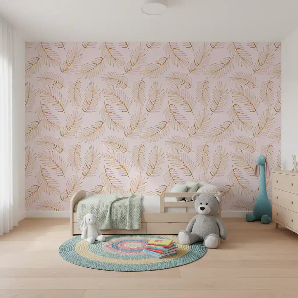 Golden palm leaf wallpaper in a soft nursery GD12278