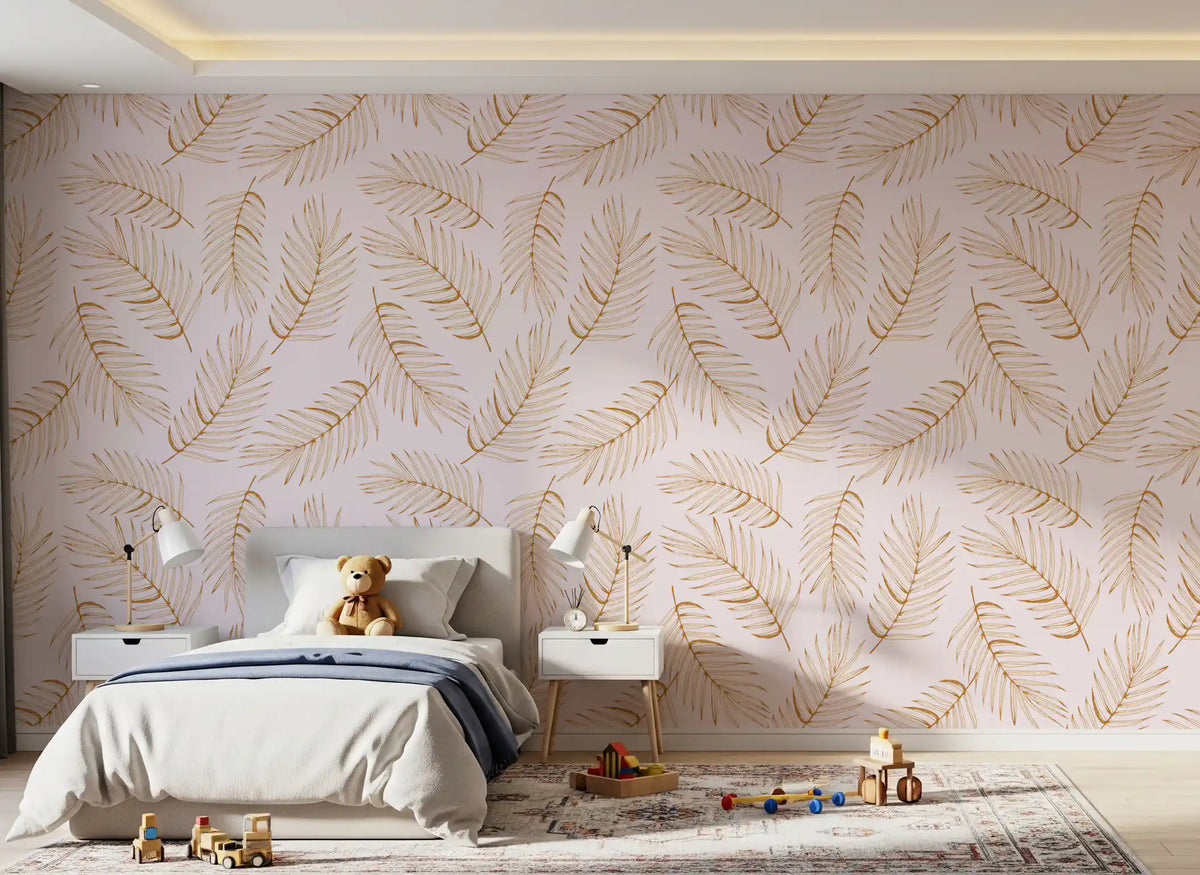 Golden palm leaf wallpaper in a calm bedroom GD12278