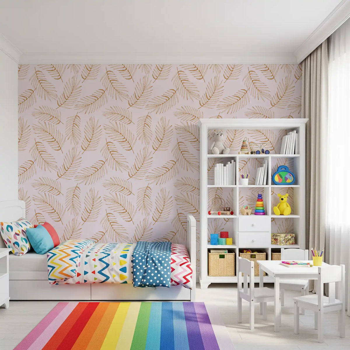 Golden palm leaf wallpaper in a bright kids bedroom GD12278