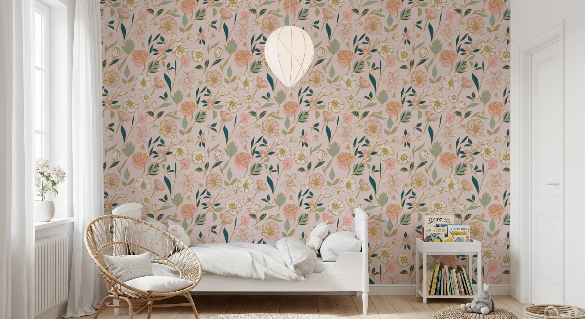 Soft Blush Botanical Garden Illustration Wallpaper⁠