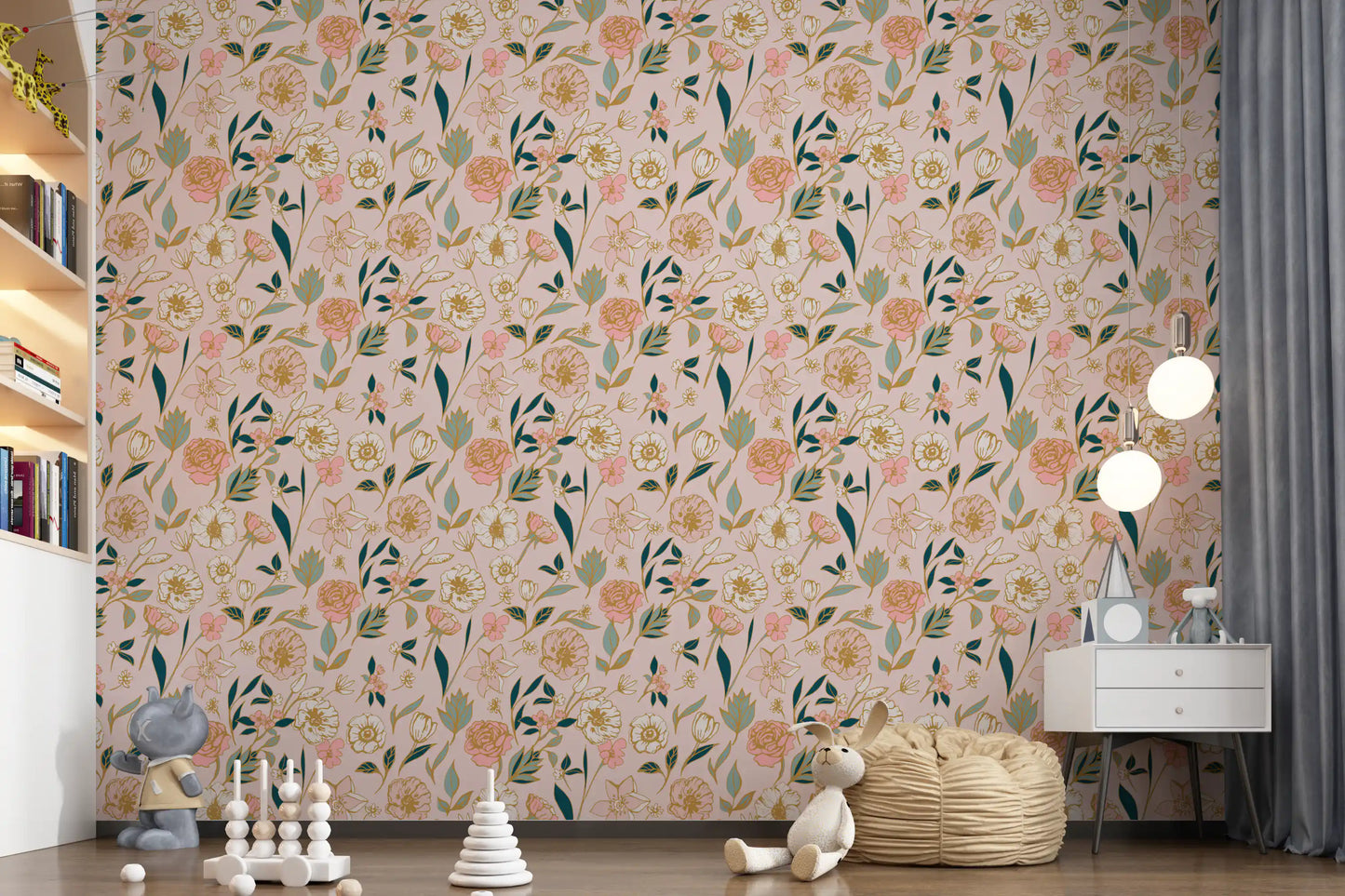Soft Blush Botanical Garden Illustration Wallpaper⁠