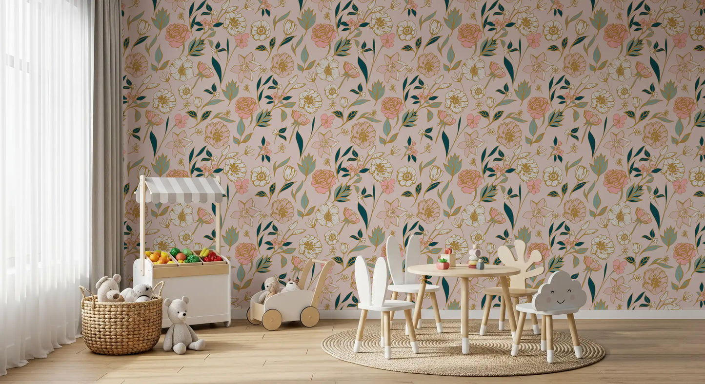 Soft Blush Botanical Garden Illustration Wallpaper⁠