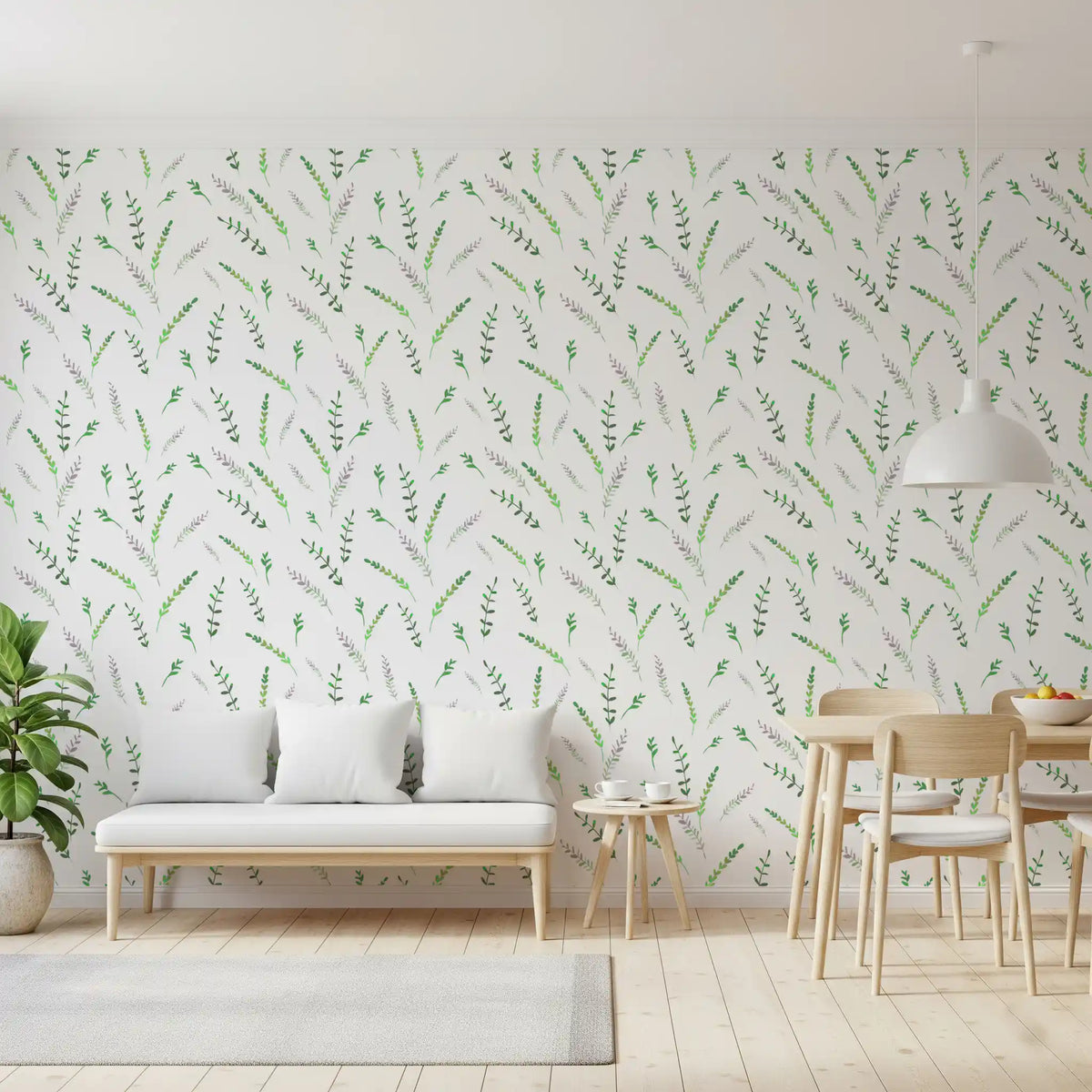 Greenery sprig wallpaper in an open living and dining space with a white bench GD12282