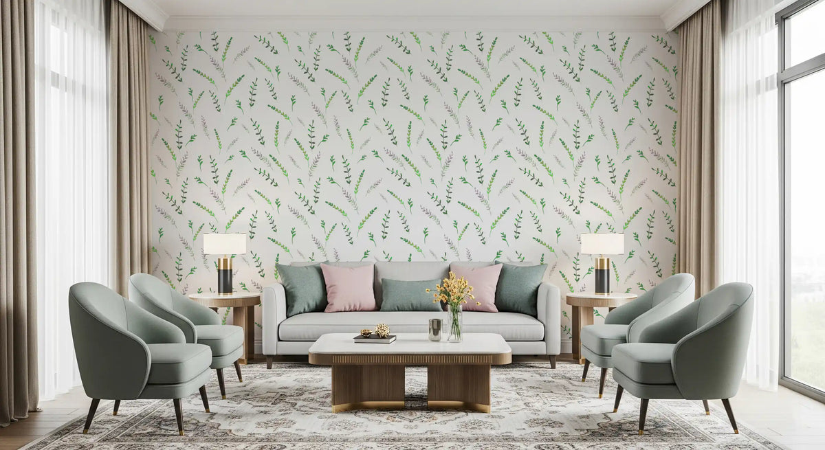 Green and lavender leaf wallpaper in a living room with soft teal armchairs GD12282