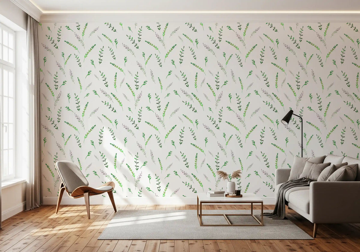 Soft leaf sprig wallpaper in a sunlit living room with a lounge chair and grey sofa GD12282
