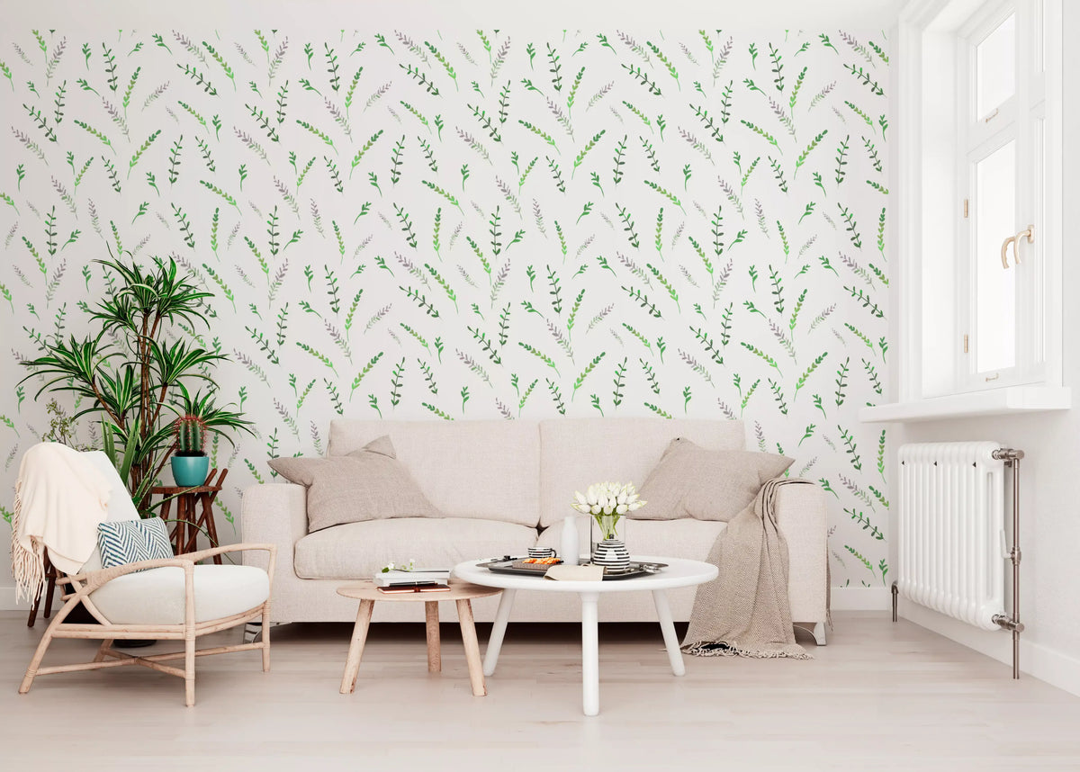 Minimalist greenery wallpaper in a cosy living room with a white sofa and indoor plants GD12282