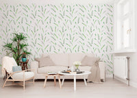 Minimalist greenery wallpaper in a cosy living room with a white sofa and indoor plants GD12282