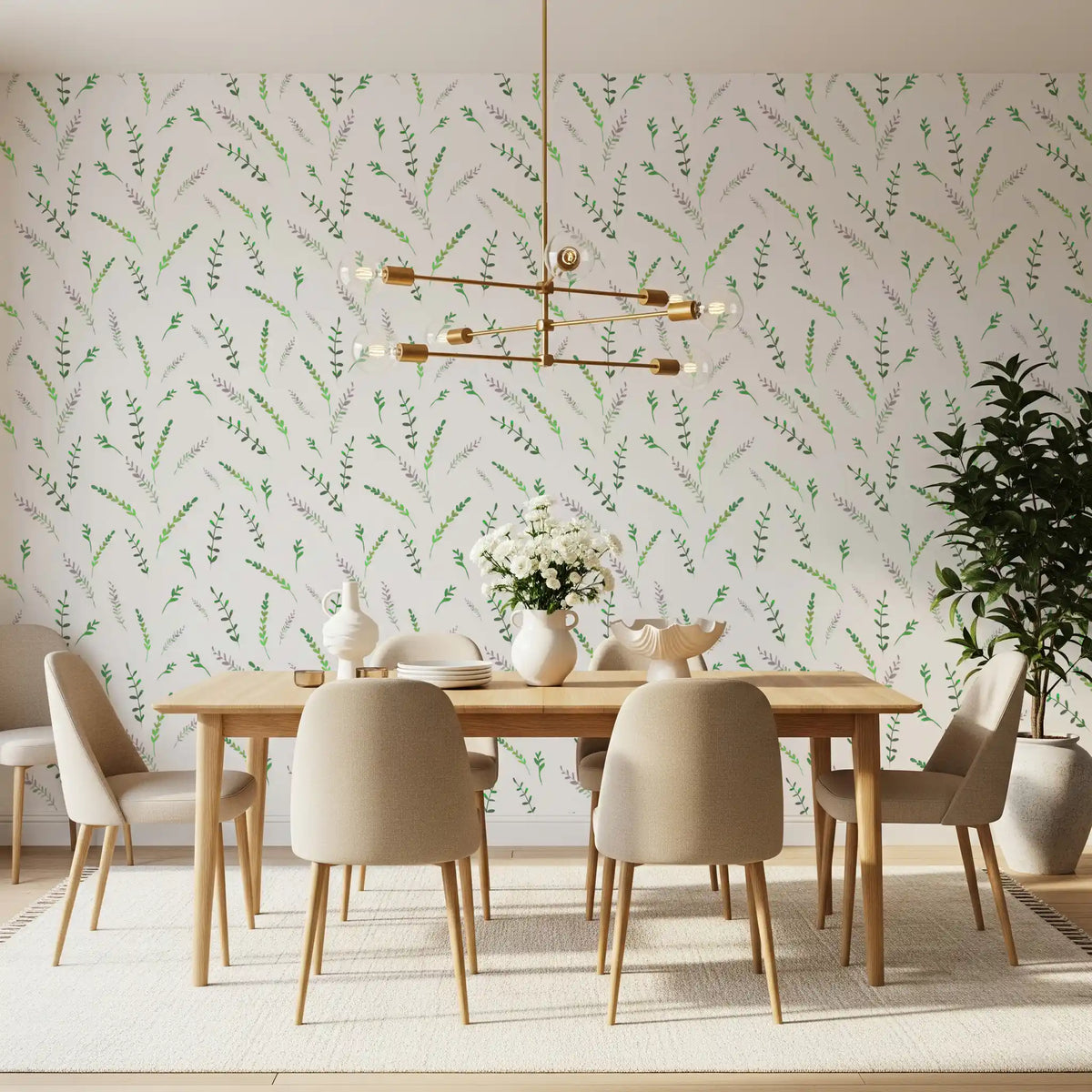 Greenery pattern wallpaper in a bright dining room with a gold chandelier and wood table GD12282