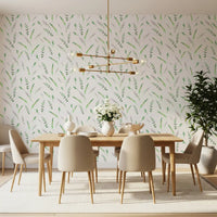 Greenery pattern wallpaper in a bright dining room with a gold chandelier and wood table GD12282